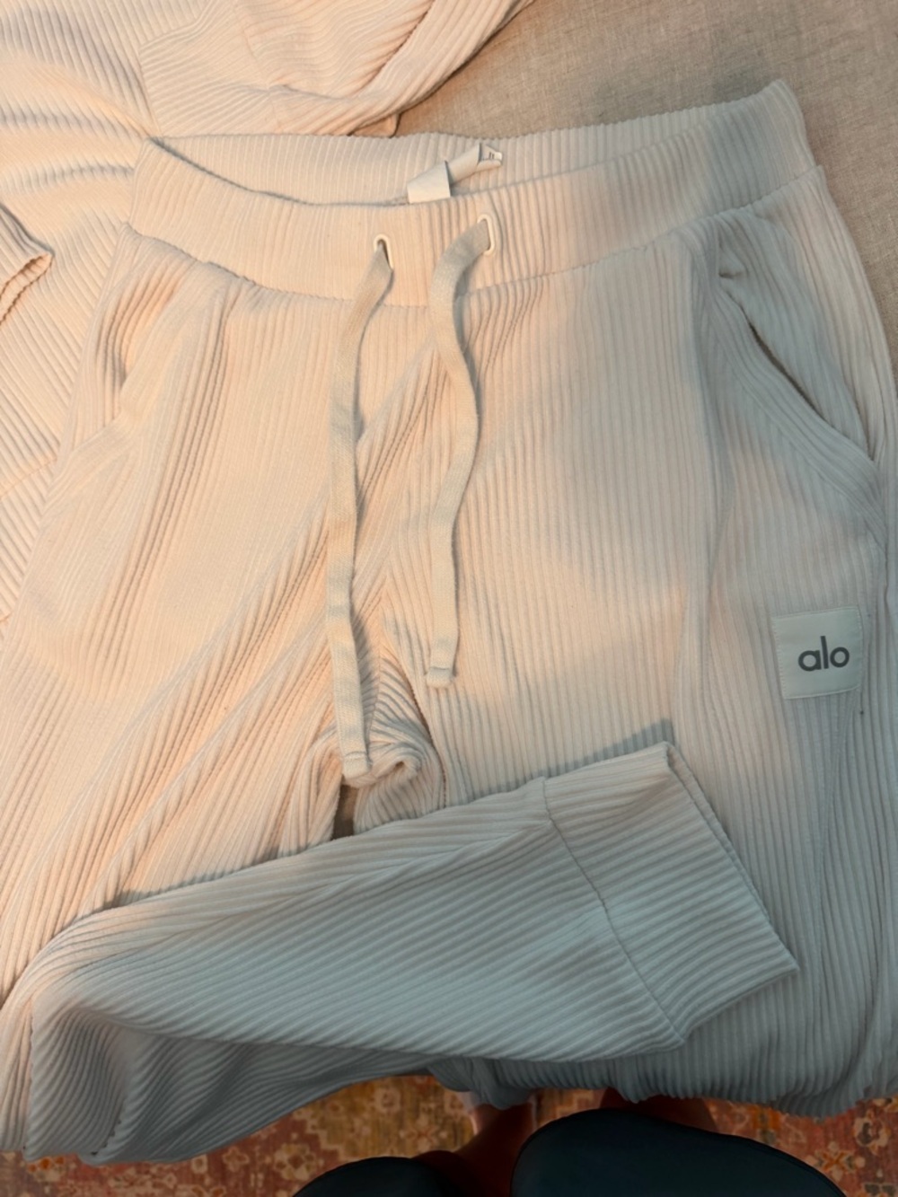 ALO Yoga Ribbed Hoodie & Joggers Set in Cream - Picture 2 of 9